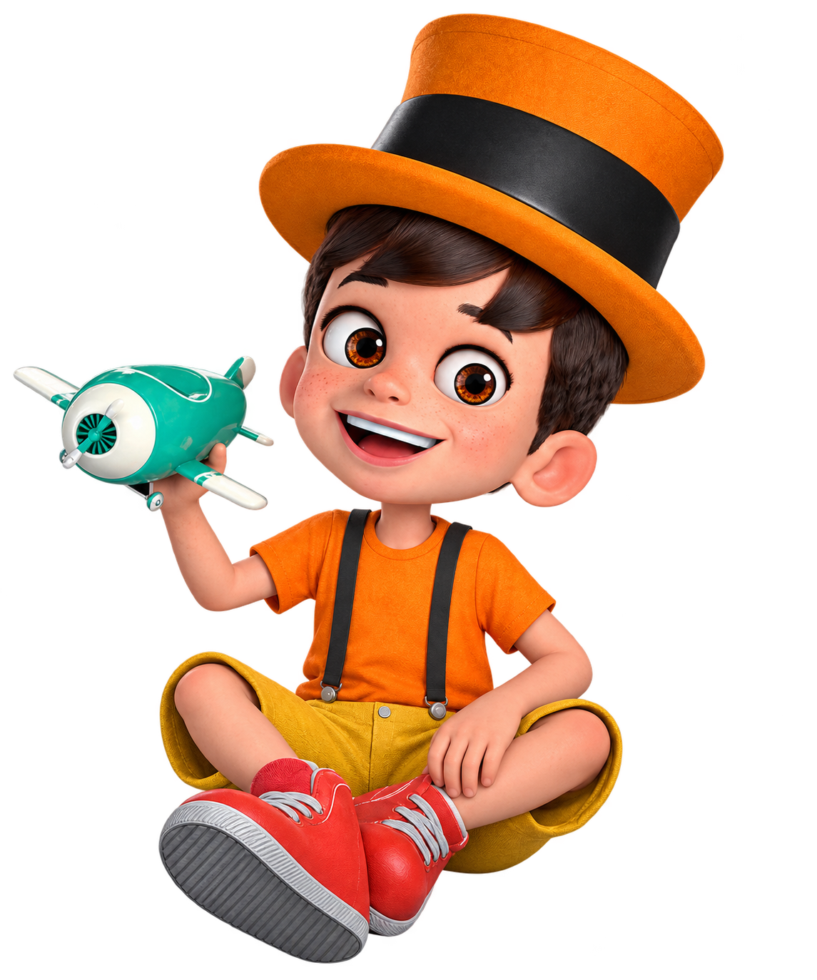 Mascote infantil da Lele da Cuca com chapéu laranja e avião de brinquedo